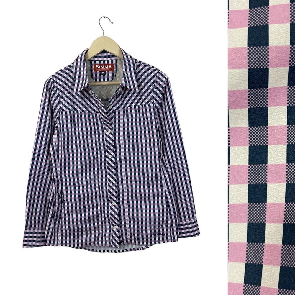 Simms Medium Button Shirt Fly Fishing Pink Blue Plaid Long Sleeve Vented Womens